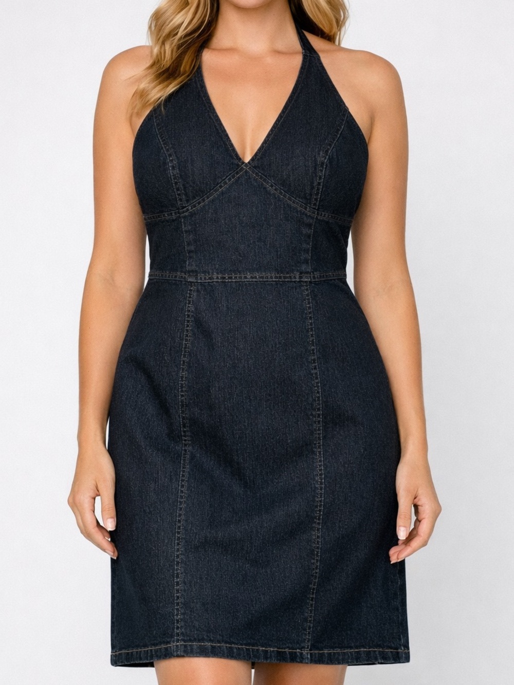Bisou Bisou Vintage Michele Bohbot Y2K halter-neck dark-wash denim dress 6